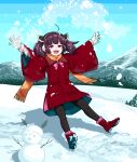  1girl \||/ ahoge arms_up blue_sky blunt_bangs blush boots bow bowtie character_snowman coat commentary_request day earmuffs falling full_body fur-trimmed_gloves fur_trim gloves half-closed_eyes headgear highres medium_hair midair mountainous_horizon namae_(koubutunado) official_alternate_costume orange_scarf outdoors outstretched_arms pantyhose pink_bow pink_bowtie plaid plaid_scarf playing purple_hair red_coat red_eyes red_footwear scarf shadow sky smile snow snowman solo sparkle spread_arms throwing touhoku_kiritan twintails voiceroid white_gloves wide_sleeves winter winter_clothes zundamon 