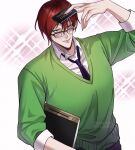  1boy artist_name clipboard collared_shirt fingernails glasses green_sweater highres hisoka_morow hunter_x_hunter layered_sleeves looking_at_viewer male_focus necktie notepad raisinripe red_hair sharp_fingernails shirt sleeves_rolled_up solo sweater upper_body white_background white_shirt yellow_eyes 