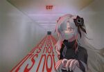  1girl black_coat black_flower closed_mouth coat commentary_request english_text exit_sign flower grey_eyes grey_hair hair_flower hair_ornament hair_over_one_eye hallway hand_grab heterochromia highres indoors isekai_joucho kamitsubaki_studio long_hair looking_at_viewer multicolored_hair pov pov_hands red_eyes red_hair red_pupils sanpaku smile solo streaked_hair ume_(ume_xxoo) upper_body vanishing_point virtual_youtuber 