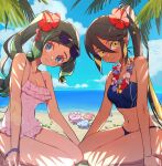  2girls beach bikini black_hair blonde_hair blue_bikini blue_eyes blue_sky bracelet breasts casual_one-piece_swimsuit cloud dark-skinned_female dark_skin day eyeliner eyewear_on_head fate/grand_order fate_(series) flower flower_necklace frilled_one-piece_swimsuit frills green_hair hair_flower hair_ornament hibiscus jewelry kabutomushi_s makeup multicolored_hair multiple_girls navel one-piece_swimsuit outdoors siblings sisters sitting sky small_breasts sunglasses sunlight swimsuit trung_nhi_(fate) trung_trac_(fate) two-tone_hair water white_one-piece_swimsuit yellow_eyes 