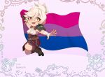  1girl :d arm_up artist_name bekkomi belt breasts brown_belt brown_footwear flag grey_hair highres holding holding_flag league_of_legends medium_breasts orange_eyes pride_month riven_(league_of_legends) second-party_source shoes single_bare_shoulder single_shoulder_pad smile solo teeth upper_teeth_only 