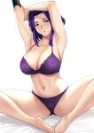  1girl armpits arms_up bare_legs blush boku_no_hero_academia bra breasts embarrassed highres lace lace_trim lady_nagant large_breasts legs_apart looking_at_another navel panties pants presenting_armpit purple_bra purple_eyes purple_hair purple_panties purple_pants raised_eyebrows short_hair shy simple_background solo spread_legs thai_commentary thick_thighs thighs underwear underwear_only white_background xter 