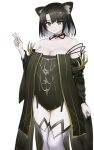  1girl animal_ear_fluff animal_ears arknights bare_shoulders black_choker black_dress black_hair breasts cat_ears choker cleavage commentary_request dress feet_out_of_frame grey_eyes hand_up highres large_breasts long_sleeves looking_at_viewer mandragora_(arknights) off-shoulder_dress off_shoulder ras_(zzdn3588) short_hair simple_background solo standing thighhighs thighs v white_background white_thighhighs 