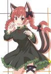  1girl :3 :d animal_ear_fluff animal_ears black_bow bow breasts cat_ears cat_tail commentary contrapposto cowboy_shot dress drop_shadow extra_ears fang grey_dress hair_bow hair_ribbon hands_up highres kaenbyou_rin large_breasts long_hair long_sleeves looking_at_viewer multiple_tails nekomata paw_pose pointy_ears red_eyes red_hair ribbon smile solo tail tail_raised toramaru2001710 touhou tress_ribbon two_tails 