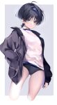  1boy black_hair black_jacket blue_eyes closed_mouth genshin_impact gym_shirt gym_shorts gym_uniform hair_between_eyes hairband highres jacket long_sleeves ma_d_k_89 male_focus otoko_no_ko scaramouche_(genshin_impact) shirt short_hair shorts solo 