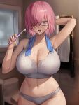  1girl arm_behind_head armpits artist_name bare_shoulders bathroom blush breasts brushing_teeth chihunhentai cleavage crop_top facing_viewer fate/grand_order fate_(series) glasses hair_over_one_eye highres holding holding_toothbrush huge_breasts light_purple_hair looking_at_viewer mash_kyrielight navel open_mouth panties pink_eyes pink_hair purple_eyes purple_hair short_hair solo suggestive_fluid teeth tongue tongue_out toothbrush toothpaste towel towel_around_neck towel_rack underwear upper_teeth_only 