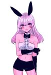  1girl animal_ears bare_shoulders black_bow black_bowtie black_gloves black_shorts bow bowtie breasts commentary_request cowboy_shot elbow_gloves gloves long_hair medium_breasts original pink_eyes pink_hair rabbit_ears shiny_skin short_shorts shorts smile solo strapless tube_top uououoon 
