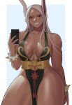  1girl :d animal_ears artist_name bare_shoulders black_dress black_nails boku_no_hero_academia border bracelet breasts breasts_apart chinese_clothes chun-li chun-li_(cosplay) collarbone cosplay cowboy_shot dark-skinned_female dark_skin dress gold_trim gud0c hair_over_shoulder highres holding holding_phone jewelry large_breasts long_hair looking_at_viewer mirko muscular muscular_female nail_polish no_bra no_panties official_alternate_costume parted_bangs pelvic_curtain phone plunging_neckline rabbit_ears rabbit_girl red_eyes revealing_clothes selfie smile solo spiked_bracelet spikes street_fighter street_fighter_v teeth thick_thighs thighs veins veiny_arms very_long_hair white_border white_hair wide_hips 