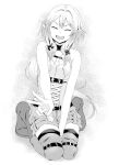  1girl belt between_legs bow closed_eyes elf facing_viewer full_body goblin_slayer! greyscale hair_bow hand_between_legs high_elf_archer_(goblin_slayer!) light_blush long_hair mixed-language_commentary monochrome open_mouth pointy_ears rizuki_suwoto seiza shorts sidelocks simple_background sitting sleeveless smile solo v 