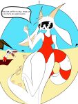  absurd_res ambiguous_gender anthro beach bikini chikn_nuggit clothed clothing comic duo eyewear female fogata fwench_fwy_(chikn_nuggit) hi_res iscream_(chikn_nuggit) male male/female red_bikini red_clothing red_swimwear seaside smile spanish_text sunglasses swim_ring swimwear text 