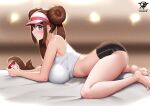  1girl alternate_costume arched_back artist_logo artist_name ass bare_shoulders black_shorts blue_eyes breasts brown_hair double_bun hair_bun highres holding holding_poke_ball kaos_art large_breasts lights long_hair looking_at_viewer lying_on_bed poke_ball poke_ball_(basic) pokemon pokemon_(game) pokemon_bw2 rosa_(pokemon) shirt shorts solo twintails visor_cap white_shirt 