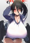  1girl black_hair black_wings blue_archive blush bokuno breasts choker cleavage collarbone gym_uniform halo hand_on_own_thigh hasumi_(blue_archive) hasumi_(gym_uniform)_(blue_archive) highres huge_breasts jacket leaning_forward long_hair looking_at_viewer official_alternate_costume open_clothes open_jacket open_mouth ponytail red_eyes simple_background solo track_jacket very_long_hair white_background wings 