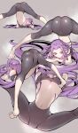  1girl absurdres ass barefoot breasts crotch fate/stay_night fate_(series) flexible forehead groin highres jack-o&#039;_challenge little_mojoi long_hair medusa_(fate) medusa_(rider)_(fate) multiple_views navel pants purple_eyes purple_hair top-down_bottom-up underboob yoga_pants 
