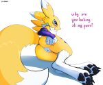  absurd_res ando bandai_namco blush blush_lines butt butt_grab canid canine dialogue digimon digimon_(species) female fur hand_on_butt hi_res looking_up mammal paws renamon solo solo_focus white_body white_fur yellow_body yellow_fur 