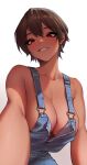  1girl armpit_crease biting blush breasts brown_hair cleavage collarbone commentary_request dark-skinned_female dark_skin denim eyelashes fine_fabric_emphasis hair_between_eyes highres large_breasts lip_biting looking_at_viewer mole mole_on_breast mole_under_mouth naked_overalls original overalls rakuga_kiya red_eyes short_hair simple_background solo teeth unzipped white_background 