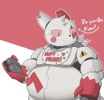  2022 animatronic anthro belly bib big_belly biped claws digital_media_(artwork) generation_3_pokemon hi_res jimmyzangoo machine male nintendo nude pokemon pokemon_(species) robot simple_background smile solo zangoose 