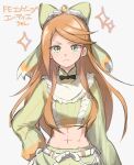  1girl abs black_bow black_bowtie bow bowtie closed_mouth etie_(fire_emblem) facing_viewer fire_emblem fire_emblem_engage green_bow green_eyes haruaki_023 long_hair looking_at_viewer midriff orange_hair solo swept_bangs 
