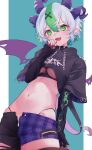  1girl amane_0e0 belt black_collar black_hoodie black_shirt black_thighhighs blush bsapricot_(vtuber) bsapricot_(vtuber)_(8th_costume) chain collar colored_inner_hair cowboy_shot crescent cropped_hoodie cropped_shirt demon_wings fang fishnet_top fishnets g-string green_eyes green_hair hair_between_eyes hair_ornament highres hip_bones hood hoodie horns long_sleeves looking_at_viewer midriff multicolored_hair multiple_horns navel official_alternate_costume official_alternate_hairstyle open_mouth pants partially_unzipped pointy_ears purple_horns purple_nails purple_wings shirt short_hair simple_background single_thighhigh skin_fang solo spiked_collar spikes standing streaked_hair thighhighs thong torn_clothes torn_pants virtual_youtuber vshojo white_hair wings x_hair_ornament 