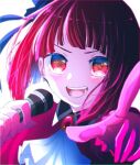  1girl arima_kana bob_cut gloves happy hat hat_ribbon holding holding_microphone idol idol_clothes inverted_bob looking_at_viewer microphone mimi_ekk open_mouth oshi_no_ko pink_gloves red_eyes red_hair red_shirt ribbon shirt simple_background smile upper_body white_background 