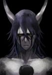  1boy black_background bleach blue_hair close-up colored_sclera demon_boy demon_horns green_sclera hair_between_eyes highres hishui_prpr hole_in_chest hole_on_body horns horror_(theme) male_focus pectoral_cleavage pectorals short_hair solo topless_male ulquiorra_cifer upper_body yellow_eyes 