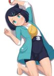  1girl atg_(wttoo0202) barefoot black_hair black_shorts blue_eyes blue_jacket blush closed_mouth commentary_request hair_ornament hairclip highres holding holding_poke_ball jacket liko_(pokemon) long_sleeves looking_at_viewer lying on_back open_clothes open_jacket poke_ball poke_ball_(basic) pokemon pokemon_(anime) pokemon_horizons shadow shirt short_shorts shorts simple_background solo swept_bangs white_background white_shirt 