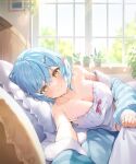  1girl ahoge bare_shoulders bed bedroom blue_hair blush camisole commentary elf hair_ornament hairclip hatonaru525 highres hololive long_pointy_ears looking_at_viewer lying on_bed pajamas pillow plant pointy_ears potted_plant smile solo strap_slip window yellow_eyes yukihana_lamy yukihana_lamy_(4th_costume) 