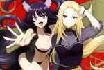  2girls absurdres alpha_(kage_no_jitsuryokusha_ni_naritakute!) animal_ear_fluff animal_ears arm_up bikini black_bikini black_dress blonde_hair blue_eyes breasts cleavage collar collarbone delta_(kage_no_jitsuryokusha_ni_naritakute!) dress elf facial_mark fangs happy highres kage_no_jitsuryokusha_ni_naritakute! large_breasts long_hair magazine_scan multiple_girls navel newtype official_art open_mouth pointy_ears purple_eyes scan see-through see-through_shirt swimsuit tail thighs vest 