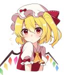  1girl ascot blonde_hair blush closed_mouth collared_shirt crystal flandre_scarlet flying_sweatdrops frilled_shirt_collar frills hair_between_eyes hat highres long_hair mob_cap puffy_short_sleeves puffy_sleeves red_eyes red_vest ruhika shirt short_sleeves side_ponytail simple_background solo touhou upper_body vest white_background white_headwear white_shirt wings yellow_ascot 
