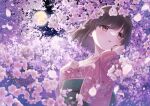  1girl brown_hair cherry_blossoms flower full_moon hand_on_own_cheek hand_on_own_chest hand_on_own_face head_tilt ibuki_ena japanese_clothes kimono long_sleeves looking_to_the_side moon night original outdoors parted_lips short_hair solo wide_sleeves 