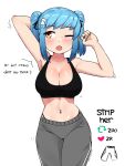  1girl absurdres arm_behind_head arms_up bare_shoulders black_bra blue_hair blush bra breasts cleavage collarbone contrapposto cowboy_shot english_text full_body grey_pants hair_ornament hairclip highres ii_(peps_art) large_breasts light_blue_hair looking_to_the_side meme midriff multicolored_nails nail_polish navel navel_piercing one_eye_closed open_mouth orange_eyes original pants panty_straps peps_art piercing short_twintails sidelocks solo sports_bra stretching sweatpants swept_bangs thigh_gap twintails twitter_strip_game_(meme) twitter_username underwear yawning 