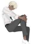  1boy amuro_tooru black_pants blonde_hair blue_eyes closed_mouth crossed_bangs dark-skinned_male dark_skin green_necktie hair_between_eyes highres kawatiw male_focus meitantei_conan necktie pants shirt shoes simple_background sketch solo white_background white_shirt 