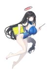  1girl absurdres alternate_costume arm_behind_back barefoot black_hair blue_archive blunt_bangs breasts clipboard echj full_body hair_ornament hairclip halo highleg highleg_swimsuit highres holding holding_clipboard holding_pen large_breasts long_hair one-piece_swimsuit pen red_eyes rio_(blue_archive) smile swimsuit two-tone_swimsuit white_background 