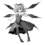  1girl absurdres bow cirno closed_mouth collared_shirt detached_wings dress frilled_sleeves frills full_body greyscale hair_bow head_tilt highres ice ice_wings inoshin_(inixia1748) light_smile looking_at_viewer monochrome no_shoes outstretched_arm pinafore_dress puffy_short_sleeves puffy_sleeves shirt short_sleeves sleeveless sleeveless_dress solo thighhighs touhou v-shaped_eyebrows white_background wings 