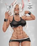  1girl abs absurdres almualim artist_logo black_choker black_sports_bra blush boku_no_hero_academia breasts cellphone choker clenched_hand dark_skin english_text flexing grey_background gym_uniform highres holding holding_phone large_breasts long_hair looking_at_viewer mirko muscular muscular_female panty_straps patreon_logo patreon_username phone red_eyes simple_background smartphone solo speech_bubble sports_bra sweat teeth thighs watermark web_address white_hair 