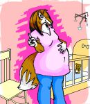  anthro belly bottomwear breasts brown_body brown_fur canid canine canis clothing collie crib danellz digital_media_(artwork) domestic_dog female fur hand_on_stomach herding_dog mammal pants pastoral_dog plushie pregnant rocking_chair rough_collie sheepdog shirt solo teddy_bear topwear white_body white_fur 