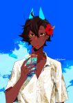  1boy arjuna_(fate) arjuna_alter_(fate) black_hair blue_nails blue_sky collarbone cup dark_skin drinking drinking_straw fate/grand_order fate_(series) flower glowing_horns hair_between_eyes hawaiian_shirt hibiscus highres holding holding_cup horns kokujin_youhei male_focus pocket red_flower shirt short_hair sky solo straight-on upper_body very_dark_skin white_shirt 