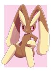  1girl animal_ears arm_at_side black_sclera blush body_fur border brown_fur closed_mouth colored_sclera commentary english_commentary flat_chest full_body furry furry_female hand_on_own_knee happy knees_up looking_at_viewer lopunny outside_border pink_background pointy_ears pokemon pokemon_(creature) rabbit_ears rabbit_girl red_eyes simple_background sitting smile solo split_mouth two-tone_fur uno_usaya white_border yellow_fur 