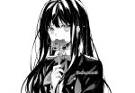  1girl black_hair collared_shirt commentary flower greyscale hair_between_eyes holding holding_flower inoue_takina long_hair looking_at_viewer lycoris_recoil lycoris_uniform monochrome neck_ribbon neko_tama45 ribbon screentones shirt sidelocks simple_background solo spider_lily twitter_username upper_body white_background 