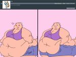  2018 5_fingers anthro ask_blog bar_emanata batspid2 belly big_belly big_breasts bottomwear breasts clothing crop_top cutoffs denim denim_clothing digital_drawing_(artwork) digital_media_(artwork) emanata english_text eyebrows eyelashes eyes_closed female fingers flabby_arms flat_colors frill_(anatomy) head_crest head_frill holding_belly juna_(batspid2) lizard looking_down membrane_(anatomy) membranous_frill morbidly_obese morbidly_obese_anthro morbidly_obese_female motion_lines multiple_images navel obese obese_anthro obese_female onomatopoeia overweight overweight_anthro overweight_female pink_background pink_body pink_skin purple_eyes reptile scalie shirt shorts simple_background smile solo sound_effects tail text topwear wide_hips 