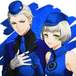  1boy 1girl bare_shoulders black_shirt blue_dress blue_gloves blue_headwear blue_jacket blue_necktie blunt_bangs brother_and_sister buttons closed_mouth collared_shirt commentary_request dress elizabeth_(persona) gloves grey_hair hand_on_own_chest hat high_collar isa_(peien516) jacket long_sleeves looking_at_viewer necktie parted_lips persona persona_3 persona_3_portable shirt short_hair siblings sleeveless sleeveless_dress theodore_(persona) upper_body white_gloves yellow_eyes 