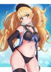  1girl absurdres arm_at_side ass_visible_through_thighs bare_shoulders big_hair bikini black_bikini black_gloves black_headwear black_sailor_collar black_thighhighs blonde_hair blue_sky breasts cleavage cloud contrapposto cowboy_shot curly_hair elbow_gloves expressionless eyelashes gloves granblue_fantasy groin hand_on_own_hip head_tilt highres kamidan large_breasts lens_flare light_blush long_hair monika_weisswind navel overskirt parted_lips sailor_collar sky solo swept_bangs swimsuit teeth thighhighs twintails visor_cap wide_hips yellow_eyes 