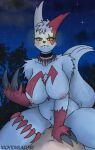  anthro areola big_breasts breasts choker claws female fur generation_3_pokemon glowing glowing_eyes hi_res human humanoid jewelry male male/female mammal necklace night nightowlarts30 nintendo nipples on_top pink_areola pink_nipples pokemon pokemon_(species) red_eyes scar tail zangoose 