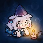  1girl :&lt; birthday blue_hair blue_overalls blunt_bangs blush candle candlelight catsu_nyan chibi commentary english_commentary fins fire fish_tail gawr_gura gawr_gura_(2nd_costume) hat hololive hololive_english multicolored_hair open_can overalls party_hat shark_girl shark_tail shirt short_hair solo streaked_hair tail twitter_username virtual_youtuber white_shirt 
