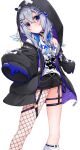  1girl absurdres ahoge amane_kanata amane_kanata_(6th_costume) angel_wings animal_hood asymmetrical_legwear bear_hair_ornament black_collar black_jacket black_shorts blue_hair blue_wings blush character_hair_ornament collar colored_inner_hair embarrassed feathered_wings feet_out_of_frame fishnet_pantyhose fishnets gradient_wings grey_hair hair_ornament hairclip head_tilt heart_o-ring highres hololive hood hood_up hooded_jacket jacket long_sleeves looking_at_viewer medium_hair mini_wings mismatched_legwear multicolored_hair multicolored_wings o-ring o-ring_thigh_strap official_alternate_costume official_alternate_hairstyle open_clothes open_jacket pantyhose print_shirt puffy_long_sleeves puffy_sleeves punk purple_eyes rike_111 self_character_print shirt short_shorts short_sleeves shorts sidelocks simple_background single_bare_shoulder single_leg_pantyhose single_loose_sock sleeves_past_fingers sleeves_past_wrists socks solo t-shirt thigh_strap upao_(amane_kanata) virtual_youtuber wavy_hair white_background white_shirt white_socks white_wings wings x_hair_ornament 