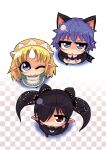  3girls :&gt; animal_ears apron backbeako backbeard black_dress black_gloves black_hair black_ribbon black_thighhighs blonde_hair blue_eyes blue_hair blush cat cat_ears checkered_background chibi_yami closed_mouth commentary_request dress elbow_gloves from_above futaba_channel gegege_no_kitarou gloves green_dress hair_over_one_eye hair_ribbon horns jitome kirin_(nijiura_maid) long_hair long_sleeves looking_at_viewer looking_up maid_headdress multiple_girls nijiura_maids one_eye_closed open_mouth original partial_commentary pointy_ears red_eyes ribbon ringed_eyes short_hair simple_background single_horn sleeveless sleeveless_dress smile thighhighs torotei triangle_mouth twintails waist_apron white_apron white_background 