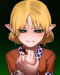  1girl black_background blonde_hair brown_shirt clenched_hands clenched_teeth commentary_request eyelashes gradient_background green_background green_eyes holding holding_nail looking_at_viewer mizuhashi_parsee nail pointy_ears shirt short_hair solo teeth touhou upper_body yokozuna_iwashi 