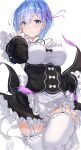  1girl absurdres blue_eyes blue_hair blush breasts garter_straps hair_ornament hairclip highres large_breasts looking_at_viewer maid meen_(ouaughikepdvrsf) parted_lips re:zero_kara_hajimeru_isekai_seikatsu rem_(re:zero) ribbon roswaal_mansion_maid_uniform short_hair simple_background solo thighhighs white_background 