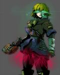  1girl arm_warmers black_dress black_gloves black_pantyhose black_skirt blonde_hair blood blood_on_clothes breasts brown_shirt commentary_request cowboy_shot dead_space dress gloves glowing glowing_eyes green_eyes grey_background hair_between_eyes laser looking_at_viewer medium_bangs mizuhashi_parsee open_mouth pantyhose plasma_cutter pointy_ears shirt short_hair short_sleeves skirt small_breasts solo standing touhou yaruku 