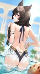  1girl absurdres animal_ears ass back backless_swimsuit ball bare_shoulders black_hair black_one-piece_swimsuit blurry blurry_background blurry_foreground bracelet braid braided_ponytail butt_crack closed_mouth day from_behind granblue_fantasy hair_between_eyes highres jewelry long_hair looking_at_viewer looking_back nakonbu nier_(granblue_fantasy) nier_(lover_by_the_lily_lake)_(granblue_fantasy) one-piece_swimsuit outdoors red_eyes solo sun swimsuit twitter_username vyrn_(granblue_fantasy) wading water 