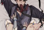  1boy 1girl assertive_female bed bed_sheet black_hair couple genshin_impact hand_on_another&#039;s_chest hetero highres lumine_(genshin_impact) necktie on_bed pov red_necktie short_hair sitting sitting_on_person smile stars4993 wriothesley_(genshin_impact) 